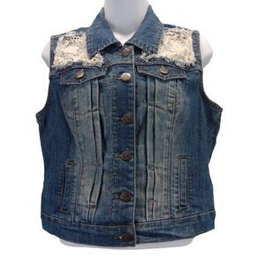 Apollo Jeans Missy Sz S Blue Denim Vest Button Front Distressed Floral Crochet